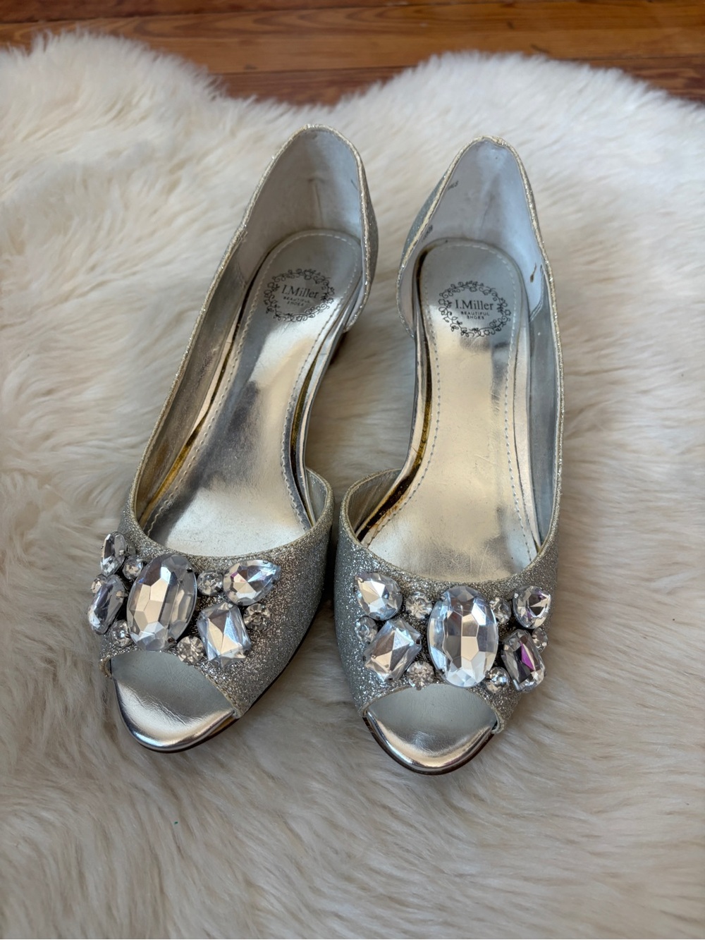 Silver Glitter Rhinestone Peep Toe Wedges